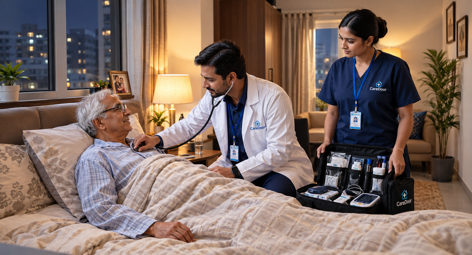 CareDoor MBBS doctor examining elderly patient at home while assistant holds equipment — home visit Delhi NCR