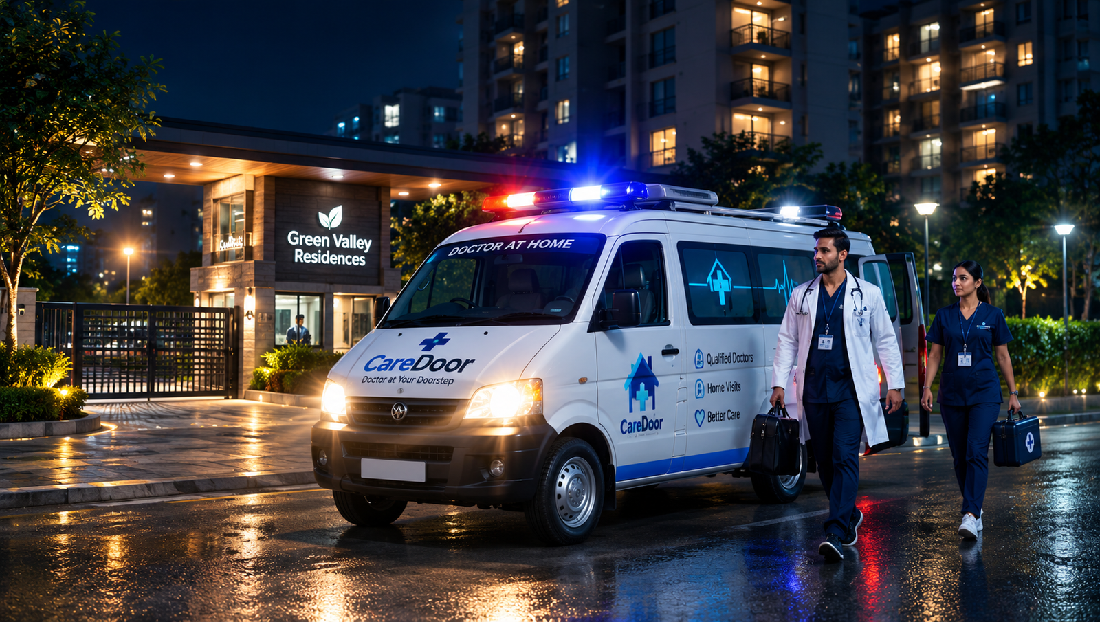 CareDoor 24/7 emergency doctor on call arriving at residential society in Delhi NCR