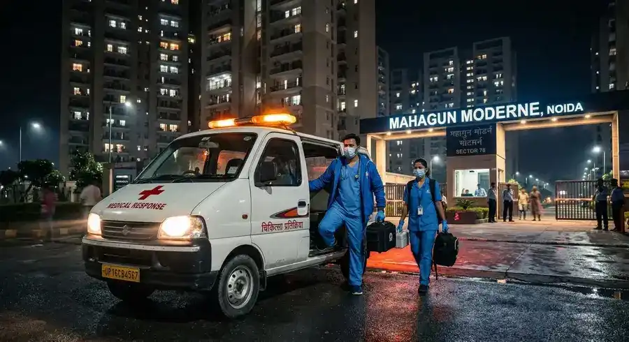 CareDoor doctor and assistant arriving at Mahagun Moderne Noida at 3am — genuine 24/7 night home doctor service