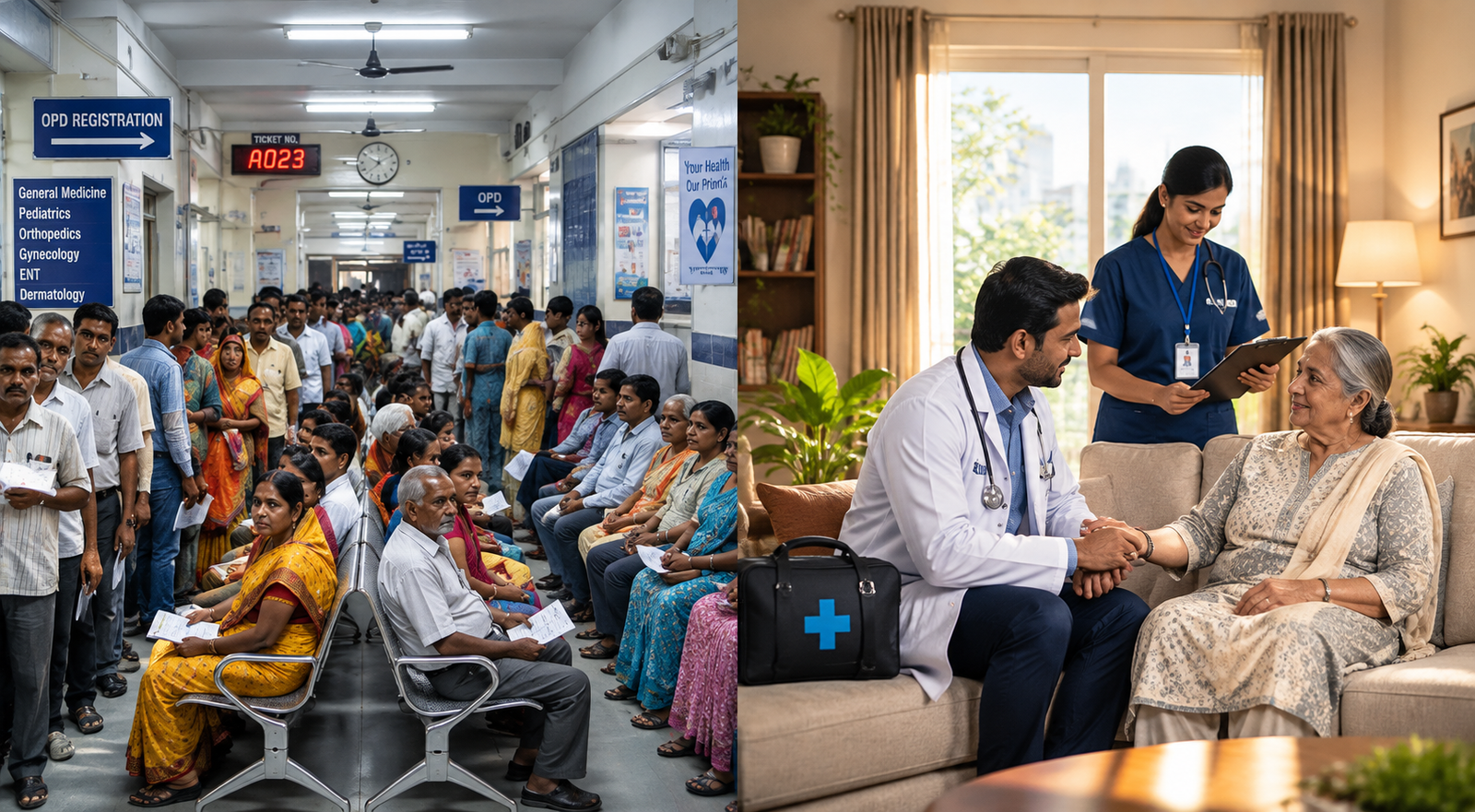 Crowded hospital vs comfortable home care by CareDoor — skip the hospital, get doctor at home in Delhi NCR